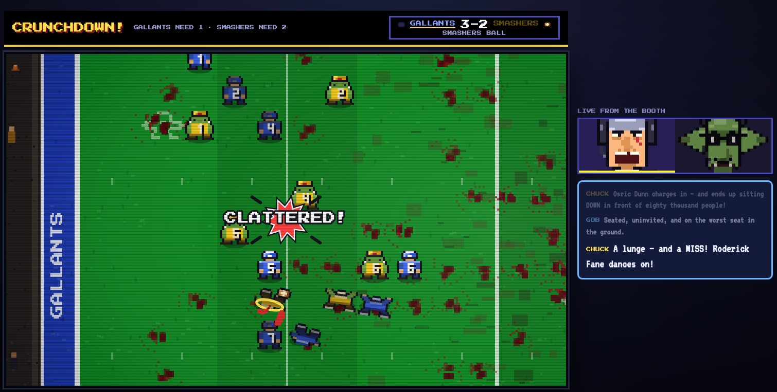 Close on a Crunchdown! match at 3-2: chunky pixel-art players in blue and gold piled together on a floodlit pitch, blood sprayed across the turf, three men flat on their backs, and a red comic CLATTERED! starburst over the collision. The Gallants end zone runs down one side; Chuck and Gob call it from the booth alongside.